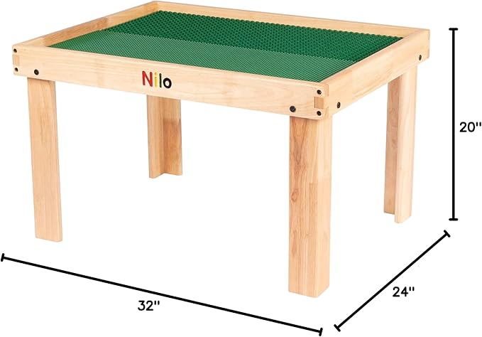 NILO Kids Play Table Set with 2 Compatible Lego Duplo Detachable Two-Sided Baseplates/Boards/Mats (N34 Activity Table Without Holes, 24x32x20 and 2X Green Base Plates 12x32)