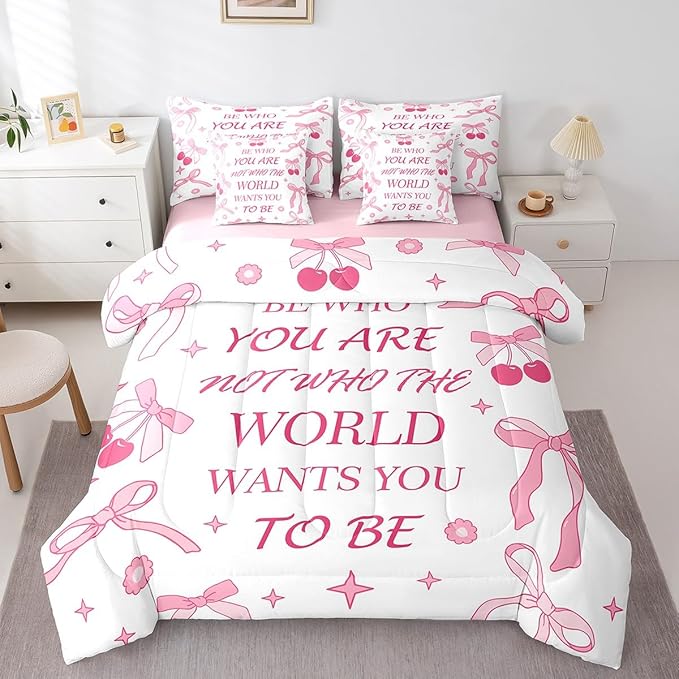 7 Pieces Pink Bowknot Kids Comforter Set King,Cherry Tropical Fruit Cute Princess Bedding Set,Bow Tie Stars Daisy Floral Romantic（Comforter+Fitted+Flat Sheet+2 Pillowcases+2 Throw Pillow Covers）
