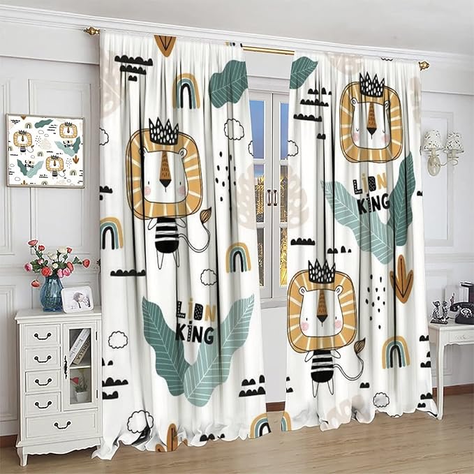Cartoon Little Lion King Window Curtains for Baby Child,Cute Funny Forest Animals,Tropical Jungle Leaves Wildlife Boho Rainbow Print Blackout Drapes for Nursery Boys Girls Kids Bedroom 52x84in