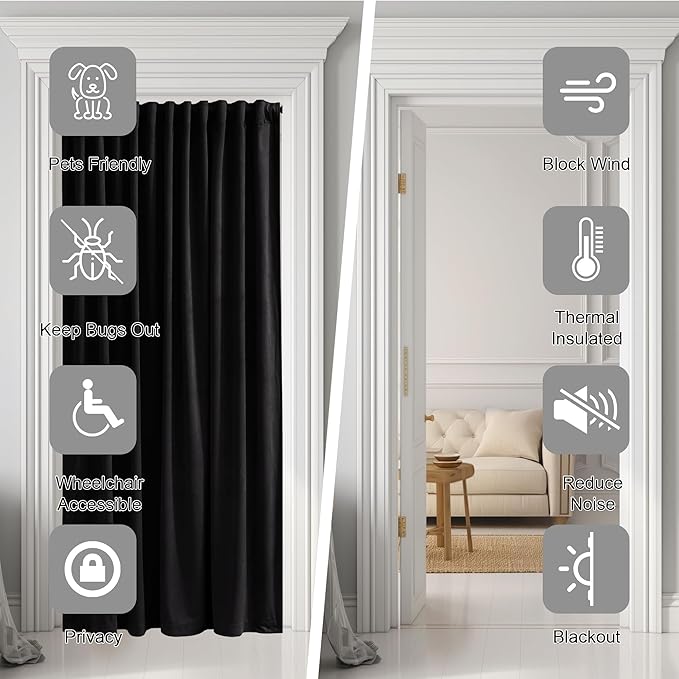 StangH Black Doorway Curtain Soft Velvet Blackout Thermal Insulated Privacy Room Dividers Thick Winter Window Drapes for Office/Bedroom/Hallway/Patio Closet, W42 x L80, 1 Panel
