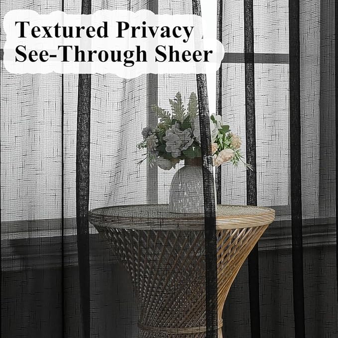 Black Linen Look Sheer Curtains 102 Inches Long 2 Panels, Rustic Textured Light Filtering Drapes, Dark Moody Window Decor, Floor to Ceiling Pinch Pleat Curtain with Hooks