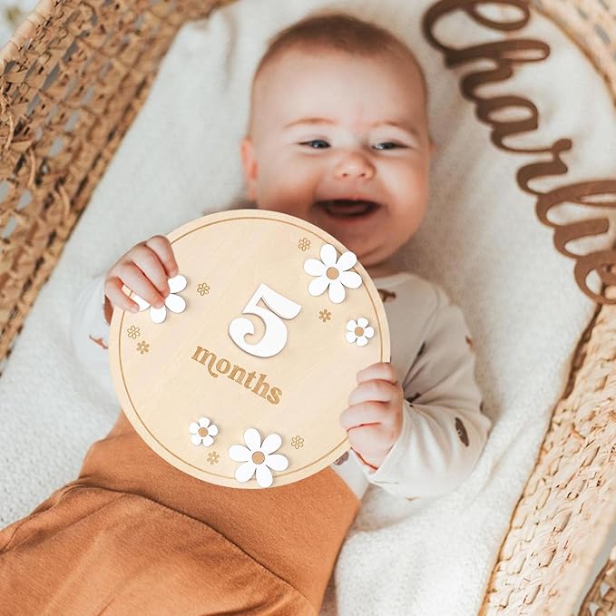 Wooden Baby Month Board - Round milestones Sign Set, Natural Grain Texture, laserr Engraved Letters, Eco Friendly Material | Adorable Monthly Wooden plaques for Baby Memory Nursery Decor