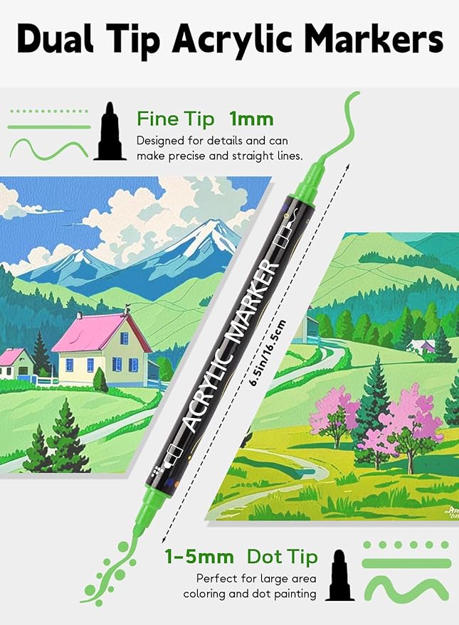 48 Colors Acrylic Paint Pens,Acrylic Paint Markers Dual Tip with Fine Tip and Dot Tip,Dot Maker for Kids Adults, Glass, Stone, Wood, Canvas, Paper, Pottery