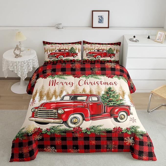 Erosebridal Merry Christmas Full Bedding Set Red Truck Comforter Sets for Kids Boys Girls Teens Room Decor,Xmas Tree Down Comforter Red Black Buffalo Plaid Decor Bed Set Car Printed Themed Quilt Set