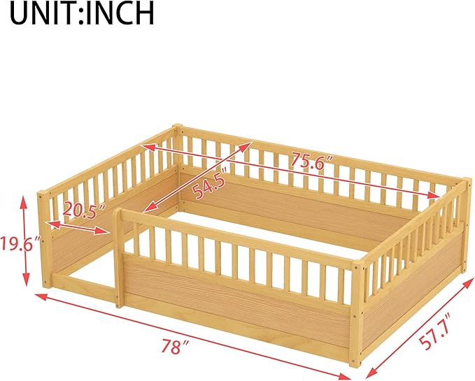 Harper & Bright Designs Full Floor Bed Frame, Wood Kids Floor Bed with High Guardrails, Montessori Floor Bed Full with Opening Door for Boys, Girls, Kids, Solid Wood Structure, Natural