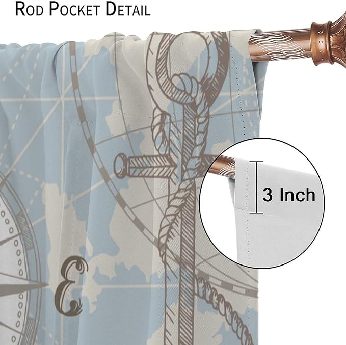 Nautical Theme Window Curtains, 2 Panels, 42x45 Inches, Rustic Nautical-3, Blackout, Wrinkle Resistant, Machine Washable, Bedroom, Bathroom, Kitchen, Living Room, Dorm