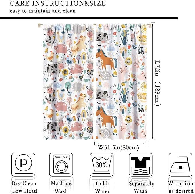 Farm Animal Curtains for Kids, Cartoon Cute Wild Animal Window Treatments Woodland Farmhouse Cow Horse Pig Window Drapes for Girls Boys Nursery Toddler Bedroom 63x72in