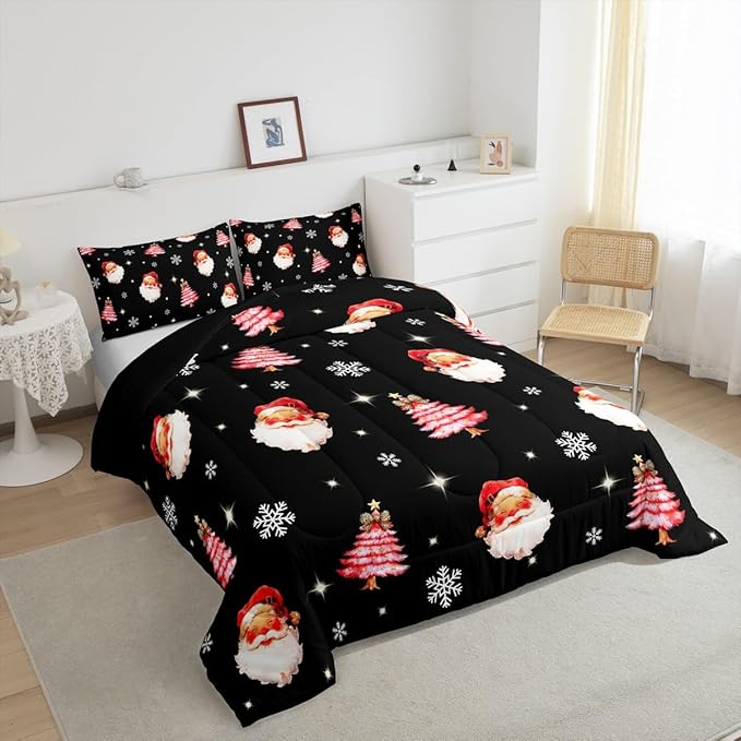 jejeloiu Kids Christmas Theme Comforter Set Toddler Xmas Tree Cute Santa Claus Bow Bedding Set for Boys Girls Teens Winter Snowflake Happy New Year Duvet Quilt Room Decor