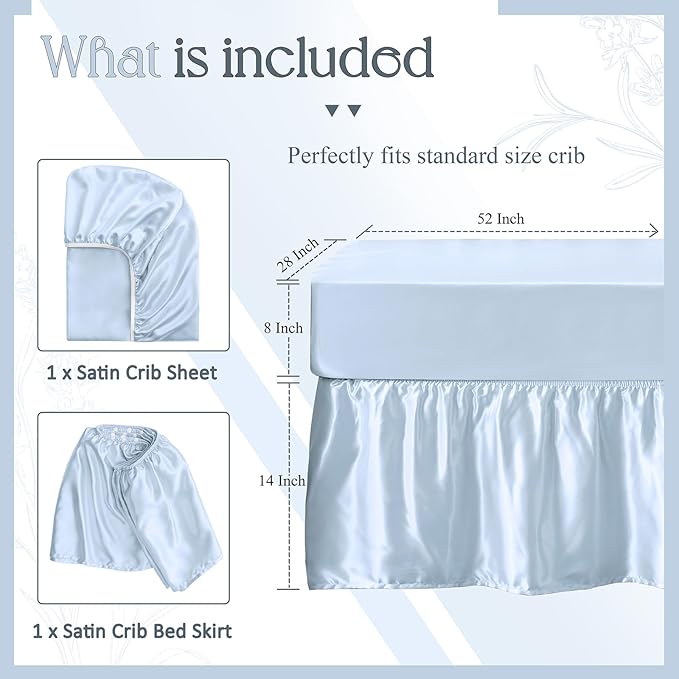 SiinvdaBZX 2-Piece Set Satin Crib Sheets & Crib Bed Skirt, 52" x 28" Silky Soft Ruffled Baby Crib Skirt with Adjustable Elastic 14" Drop, Fit for Standard Crib & Toddler Bedding (Baby Blue)