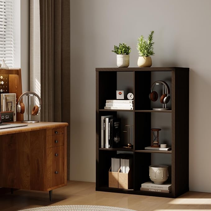 14.6 * 43.8 * 30.7 inches Engineered Wood 6 Cube Organizer, Black Cube Shelf with 6 Cube Storage, Cube Closet Organizer for Bedroom, Bathroom, Office, Dark Brown