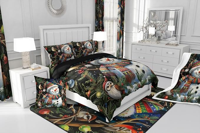 Feelyou Christmas Bedding Set Soft for Boys Girls, Holiday Snowman Birds Comforter Set Queen Size Xmas Owl Branch Berry Duvet Quilt Microfiber Snowflake Bedroom Decor 3 Pcs with 2 Pillow Cases