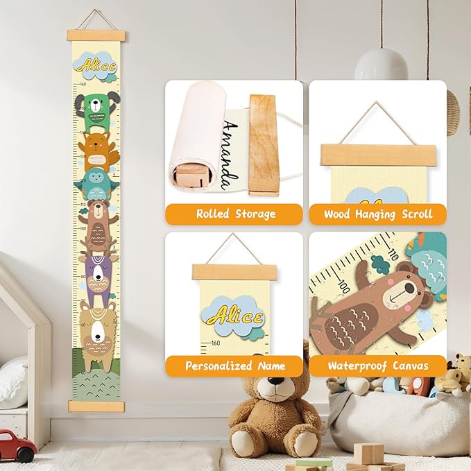 Personalized Name Growth Chart Wall Decor for Kids – Canvas Removable Height Chart Measuring Ruler 59" x 7.9" (Painted Animals)