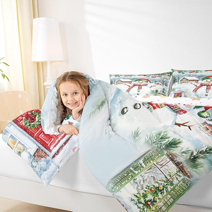 Castle Fairy Merry Christmas Comforter Set King Size,Watercolor Cute Snowman Pine Trees Bedding Set All Season Quilt Set,Xmas Cartoon Decor Natural Microfiber Polyester Down Comforter
