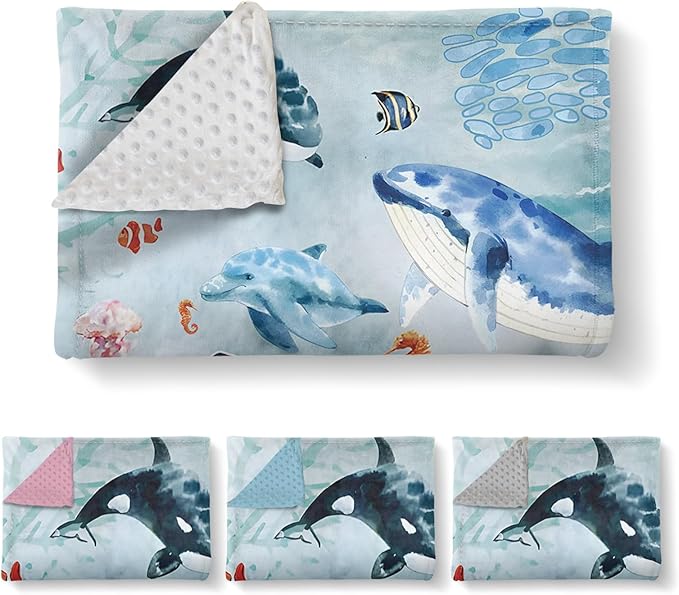 Custom Baby Blanket - Ocean Animals Theme Personalized Name Blanket for Boys Girls, Soft Infant Toddler Blanket with Whale and Dolphin, Customizable Nursery Bedding (60" x80)