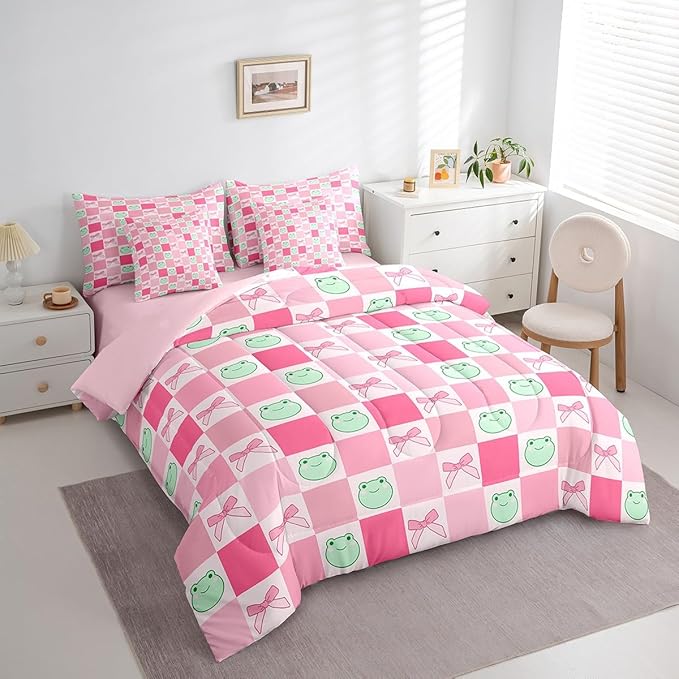 7 Pieces Cartoon Frog Kids Comforter Set Full,Pink Bowknot Bow Tie Butterfly Knot Bedding Set,Geometric Plaid Grid Patchwork Cute（Comforter+Fitted+Flat Sheet+2 Pillowcases+2 Throw Pillow Covers）