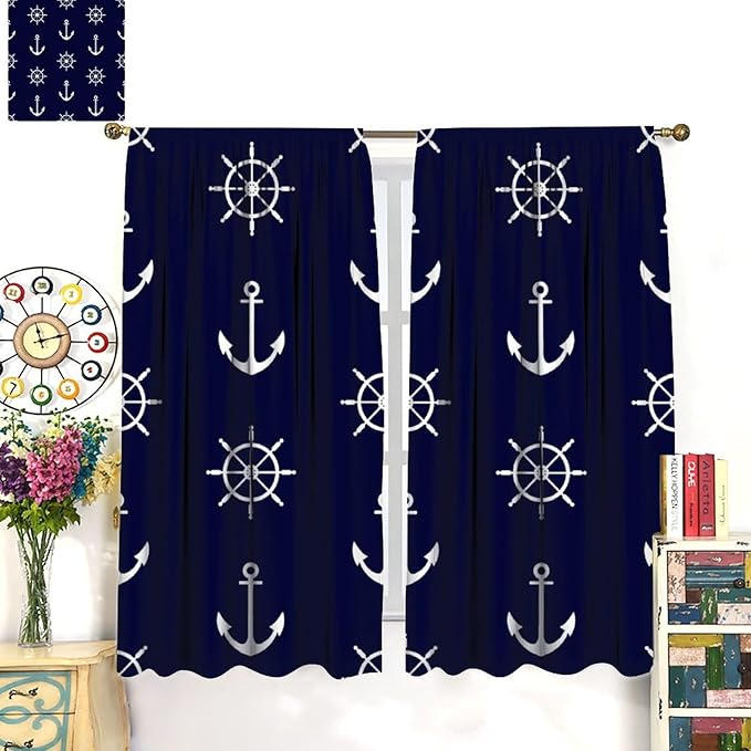 Nautical Rudder Curtains,MarineThemed Oceanic Anchor Pattern Blackout Print Home Bedroom Living Room Window Treatments 2 Panel Set 63x63 Inch
