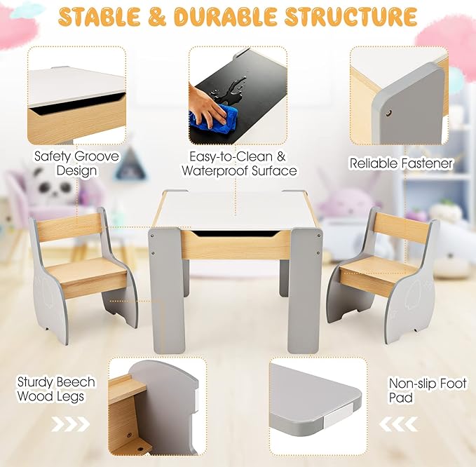 INFANS 3 in 1 Kids Table and Chair Set, Wood Multi Activity Table with Removable Tabletop Storage, Detachable Blackboard for Toddler Playing Drawing Arts Crafts,3 PCS Children Furniture