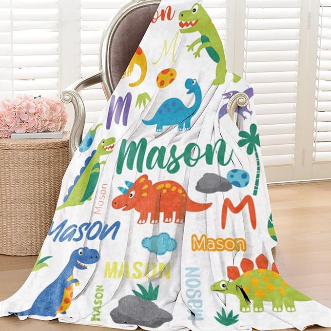 Custom Dinosaur Blanket with Name for Boys, Personalized Name Blanket for Kids Dino, Soft Flannel Dinosaur Customized Gift for Birthday Christmas Baby Shower Children Day 40"x50"