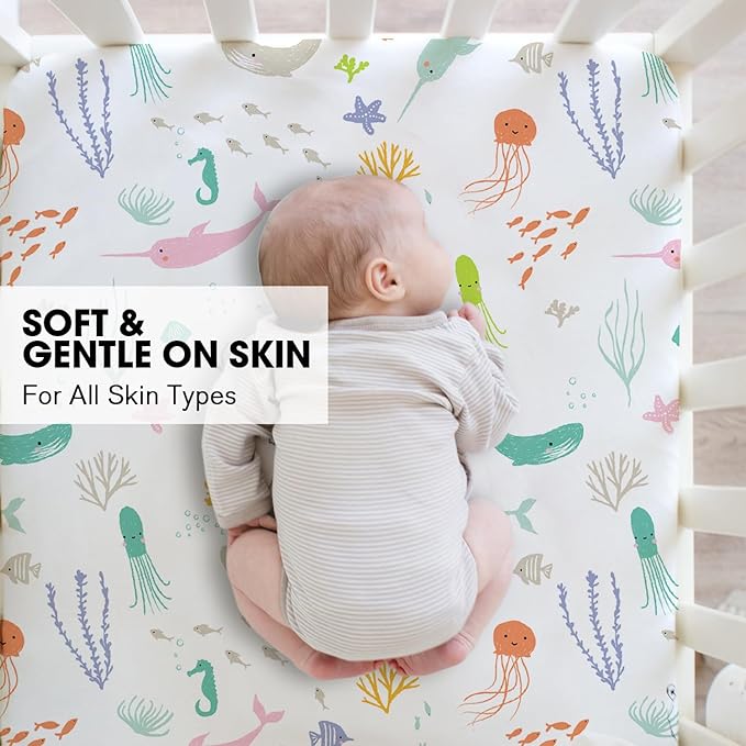 Little Grape Land Crib Sheets for Boys and Girls, 2-Pack Soft Microfiber Fitted Baby Sheets for Standard Crib and Toddler Mattress – Breathable & Secure (Ocean & Green)