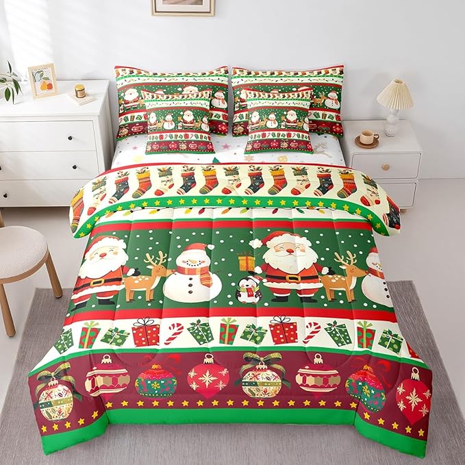Feelyou Christmas Santa Claus Comforter Set with Sheets Cartoon Stockings Deer Bedding Set for Kids Boys Girls Teens Decor Christmas Snowflake Bed in a Bag Kawaii Bed Set 7Pcs King Size