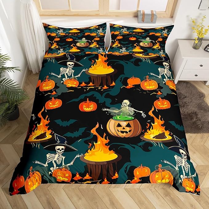 Feelyou Halloween Bedding Set for Kids Horror Skull Skeletons Comforter Cover Set Ghost Duvet Cover Pumpkin Lantern Bats Pattern Bedroom Decor Bedspread Cover Toddler Size Bedding Collection 2Pcs