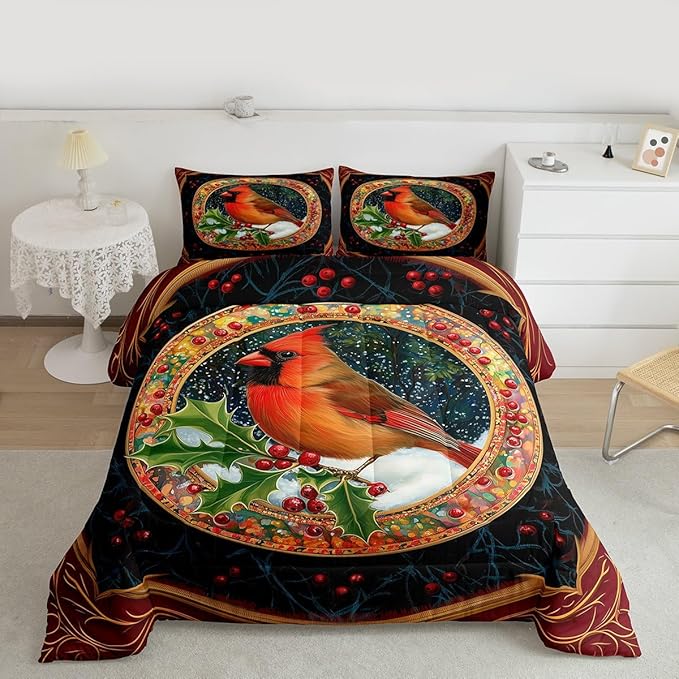 Feelyou Merry Christmas Comforter Set Twin Size Robin Bird Bedding Set for Kids Boys Girls Snowflake Duvet Quilt Winter Bedroom Decor Microfiber 2 Pcs with 1 Pillow Cases
