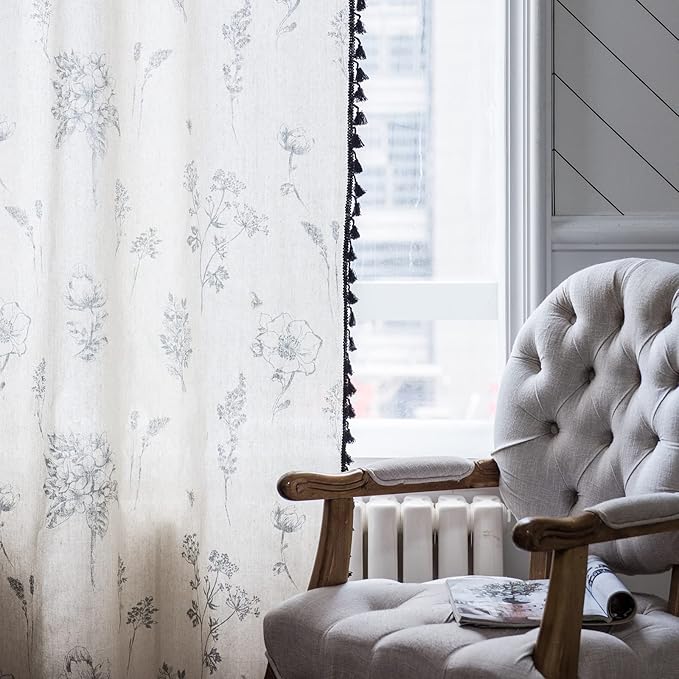 Boho Curtains 84 Inch Length 2 Panels Farmhouse Living Room Semi Sheer Drapes Vintage Floral Tassel Window Curtain Panel Bedroom Grey and Off White Cotton Linen Blend Rod Pocket Window Treatment