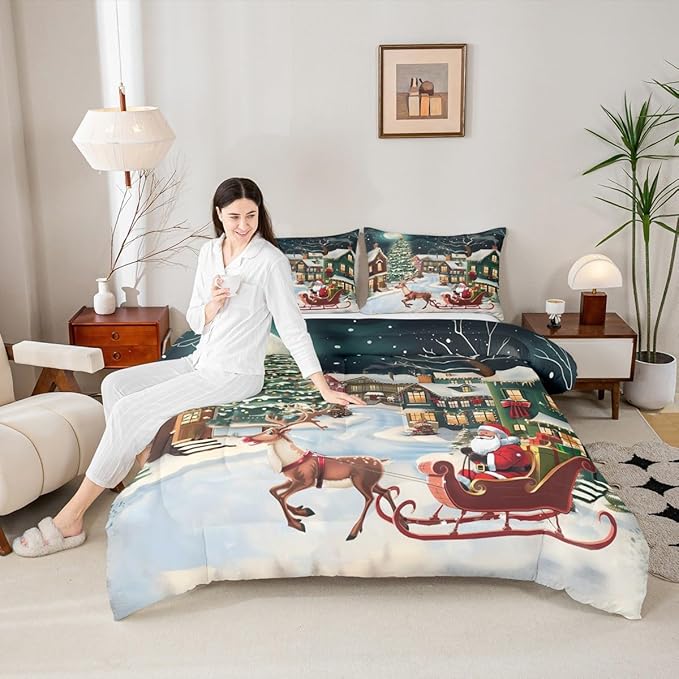 Feelyou Christmas Kids Comforter Set Twin Size Santa Claus Bedding Set Reindeer Sled Duvet Quilt for Kids Boys Girls Bedroom Xmas Tree Decor Microfiber Ultra Soft Breathable