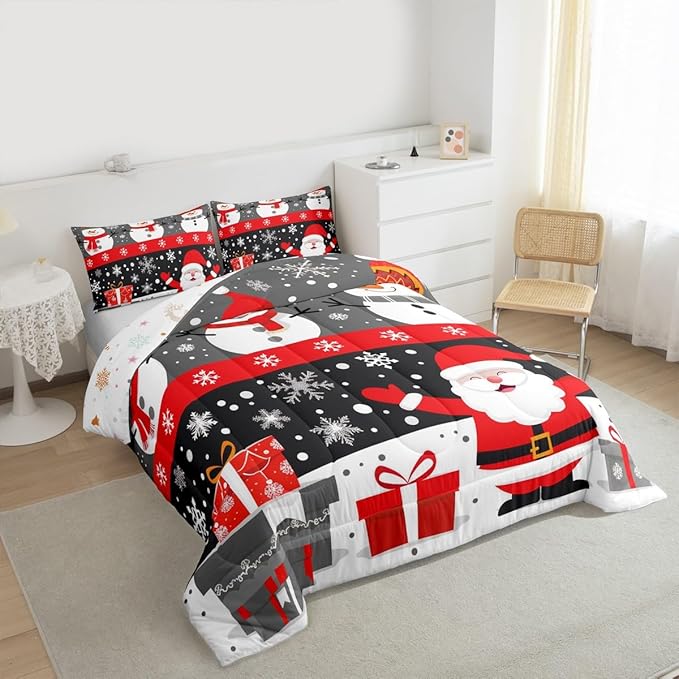 Feelyou Christmas Bedding Set Soft for Boys Girls, Merry Christmas Comforter Set Full Size New Year Gift Duvet Quilt Microfiber Snowflake Bedroom Decor 3 Pcs with 2 Pillow Cases