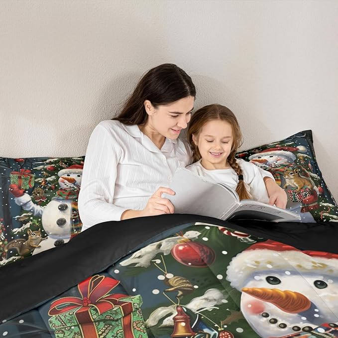 Feelyou Christmas Kids Comforter Set Toddler Size Snowman Squirrel Bedding Set Snowflake Gift Duvet Quilt for Kids Boys Girls Bedroom Branch Berry Decor Microfiber Ultra Soft Breathable