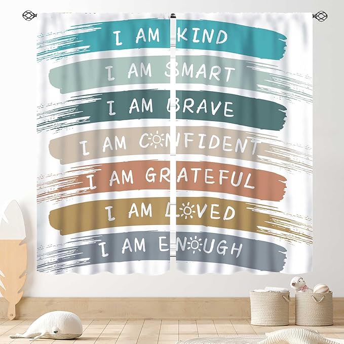 Rainbow Curtains for Classroom, Kids Girls Baby Boho Cute Inspirational Motivational Quotes Cartoon Colorful Pastel Nursery Classroom Bedroom Living Room Bathroom Window Drapes 2 Panels, 52"x84" Inch