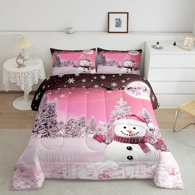 Feelyou Kids Merry Christmas Decorations Full Size Comforter Set Xmas Snowman Bedding Set Girly Pink Quilt Set Soft Warm Lightweight Duvet Set