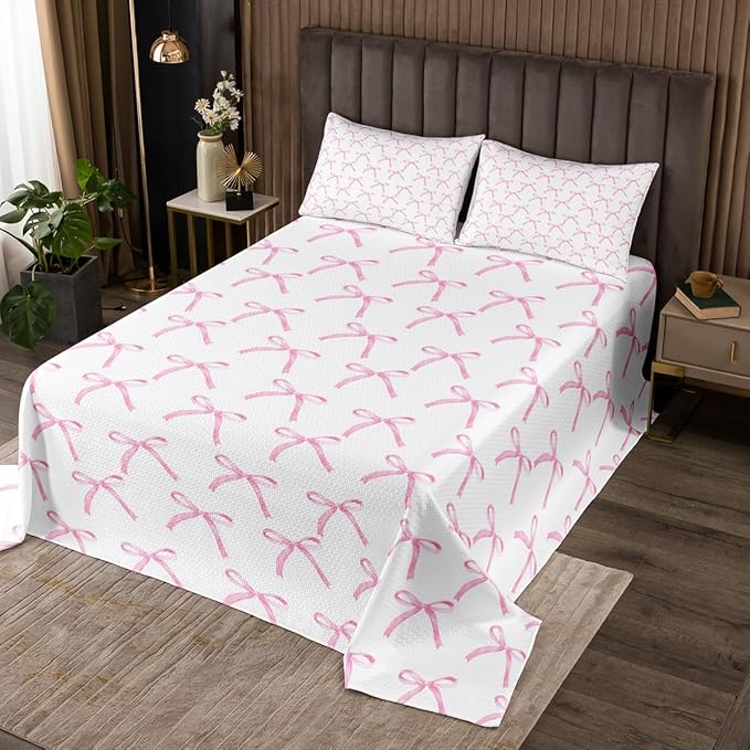 Cartoon Bowknot Kids Bedspread King Size,Pink Bow Tie Butterfly Knot Princess Coverlet Set,Girls Women Room Decor,Watercolor Bow Patchwork Quilted Coverlet,Pink White Bedding Quilt,2 Pillowcases