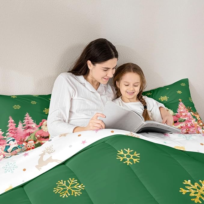 jejeloiu Merry Christmas Comforter Set Twin Size Santa Claus Bedding Set for Kids Boys Girls Cute Deer Duvet Quilt Green Bedroom Decor