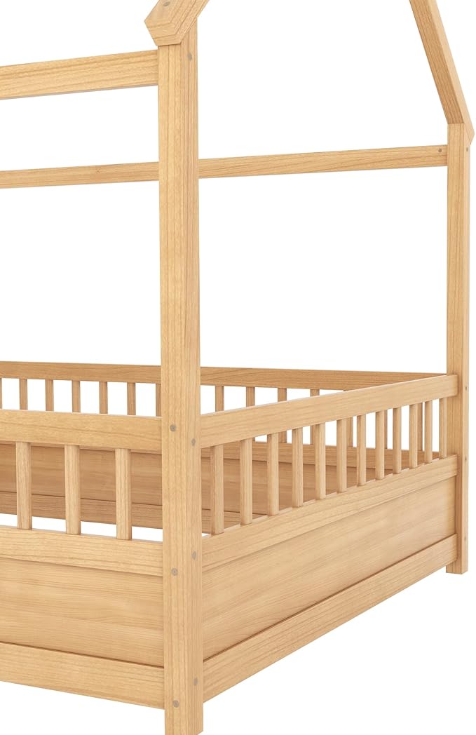 Full Size House Bed with High Fence for Kids,Full Floor Bed Frame, Kids Montessori Bed Full Size,Solid Wood House Bed Frame for Boys,Girls,Natural