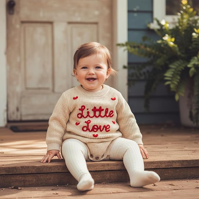 Lesimsam Newborn Baby Boy Girl Valentines Day Outfit Oversized Embroidery Long Sleeve Knit Sweater Bubble Romper Bodysuit