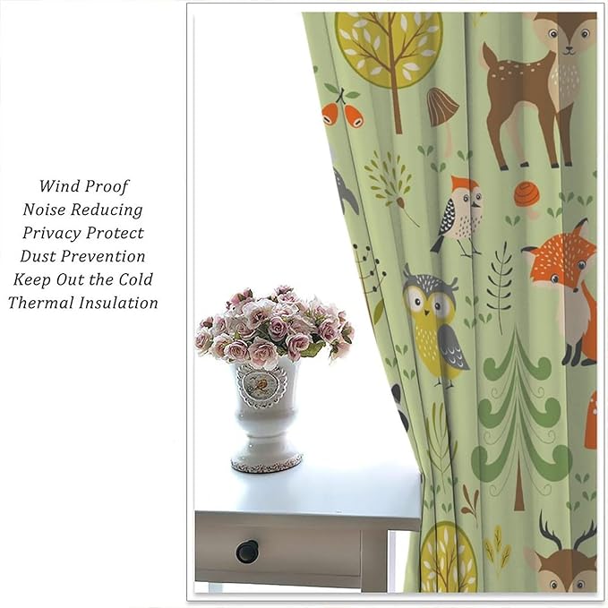 Cute Animals Curtains, Fox Bear Cartoon Wild Animals Blackout Window Treatments, Rod Pocket Thermal Insulated Drapes 2 Panel Sets for Kids Bedroom Nursery Classroom, 42" W X 63" L