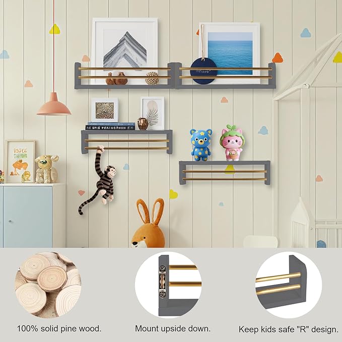 Nursery Wall Bookshelves 4-Pack, Floating Shelves for Kids Room Décor, Baby & Toddler Book Shelf Organizer, Solid Wood Wall-Mounted Rack for Books, Toys & Nursery Storage