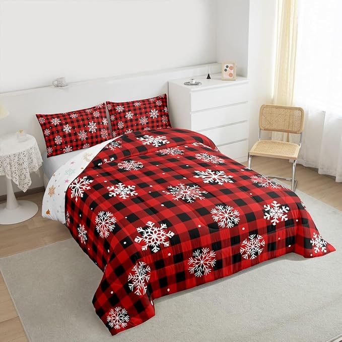 Feelyou Christmas Kids Comforter Set Twin Size Snowflake Red Bedding Set Red Black Plaid Duvet Quilt for Kids Boys Girls Bedroom Winter Snow Decor Microfiber Ultra Soft Breathable