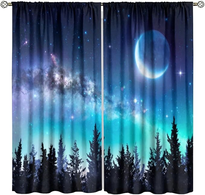 Galaxy Forest Blackout Curtains, Night Starry Sky Stars Moon Aurora Borealis Window Drapes for Bedroom Living Room Home 42" W X 45" L