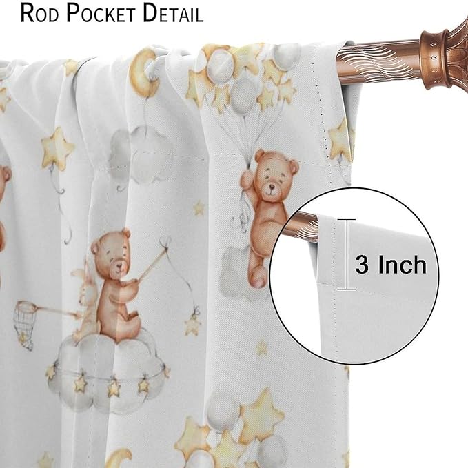 Cartoon Bear Curtains, Cute Lovely Bear Star Cloud Ballon Pastel Blackout Window Treatments, Rod Pocket Thermal Insulated Drapes 2 Panel Sets for Kids Bedroom Nursery Classroom, 42" W X 45" L