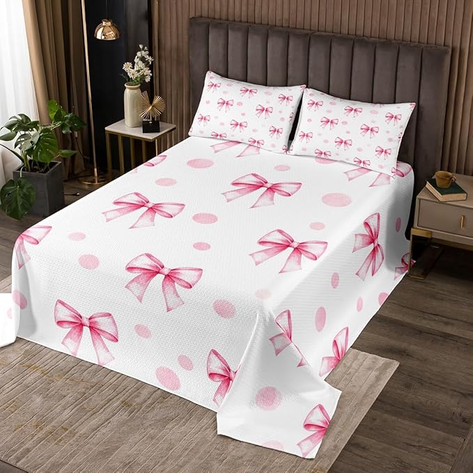 Pink Bow Princess Bedspread Queen Size,Bowknot Geometric Dots Toddler Coverlet Set,Girls Women Room Decor,Butterfly Knot Bow Tie Romantic Quilted Coverlet,White Simple Bedding Quilt,2 Pillowcases
