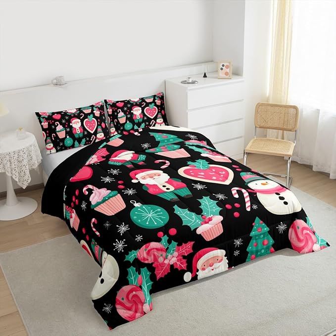 Feelyou Christmas Decor Comforter Set Twin Size Pink Santa Claus Bedding Set for Kids Boys Girls New Year Gift Duvet Quilt Snowman Bedroom Decor Microfiber 2 Pcs with 1 Pillow Cases