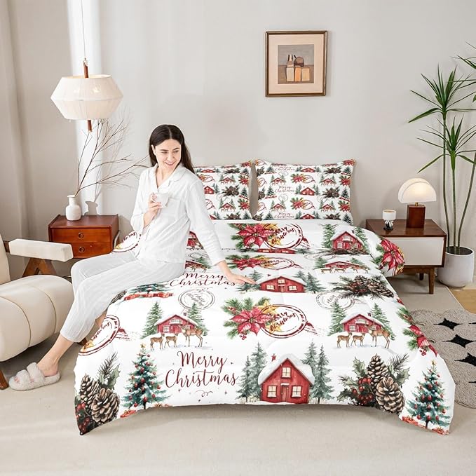 Merry Christmas Kids Comforter Set Twin Size,Poinsettia Winter Xmas Pine Tree Bedding Set Room Decor,Snowflake Rustic Farmhouse Quilt Comforter,Red Green White Duvet Set Bedroom Quilt Set,1 Pillowcase