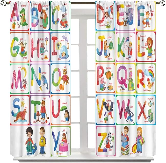 Kids Alphabet Curtains Cartoon Animal Funny Education Learning Curtain with Rod Pocket for Bedroom Nursery Children Toddler Decor Drapes Window Treatments 2 Panels Set 42" W X 63" L