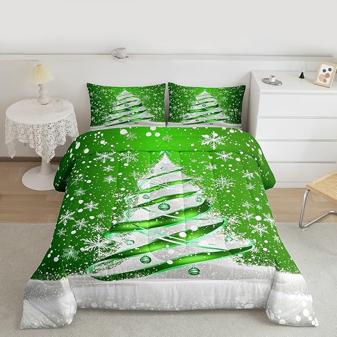 Feelyou Merry Christmas Comforter Set All Season Christmas Tree Bedding Set with 2 Pillow Cases Snowflake Microfiber Kids Queen Bedclothes Winter Bedroom Decor Duvet Quilt Breathable Soft