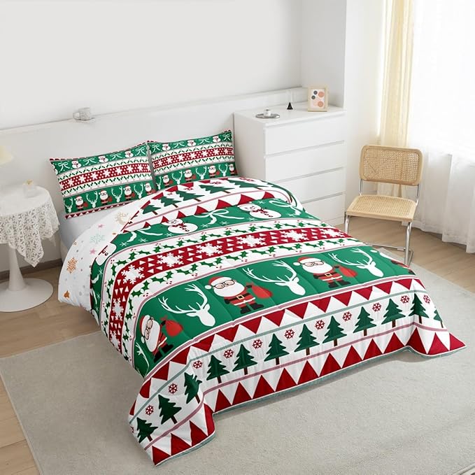 Feelyou Merry Christmas Tree Comforter Set Full Size Cute Snowman Bedding Set for Kids Boys Girls Santa Claus Duvet Quilt Cartoon Bowknot Bedroom Decor Microfiber 3 Pcs with 2 Pillow Cases