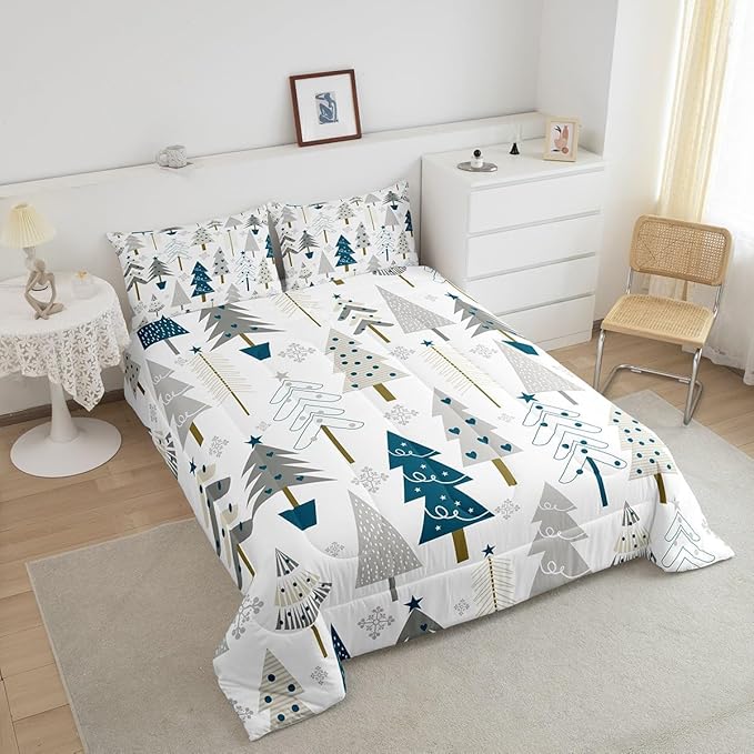 Xmas Trees Full Size Comforter Set,Merry Christmas Pine Hand Drawn Bedding Comforters Bedroom Collection,Blue Plant Snowflakes Winter Bedding Set for Girls Teens
