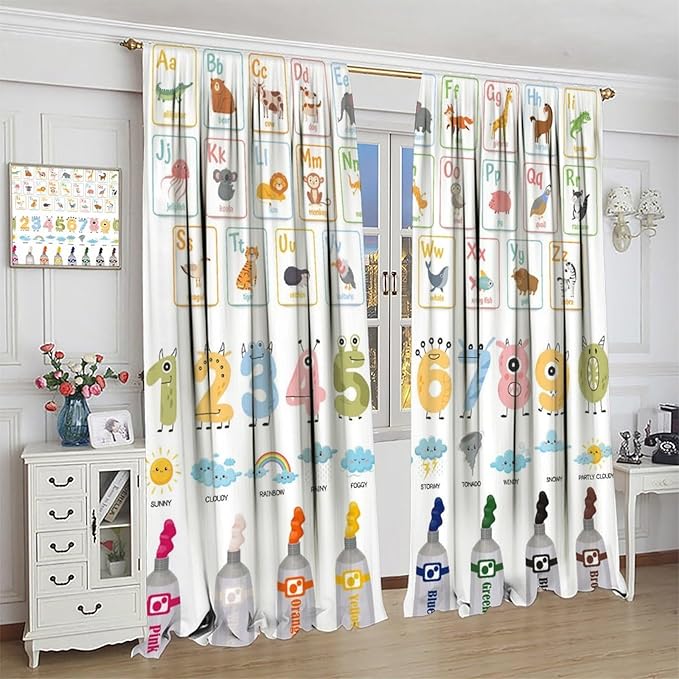 Alphabet Learning Curtain for Kids, Colorful Cartoon Animal Multiplication Table Educational, Classroom Child Printed Rod Pocket Blackout Window Drapes for Bedroom Living Room 63" W X 63" L