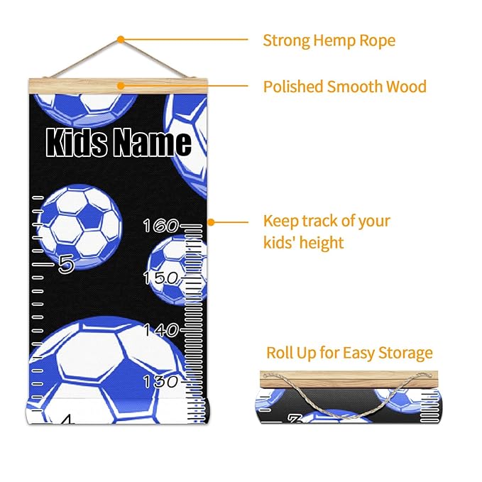 Personalized Kids Name Growth Chart Ruler for Wall Wood Frame Height Measure Chart 13.4x56 in Linen Hanging Height Growth Chart Football Soccer Blue Kids Room Decor